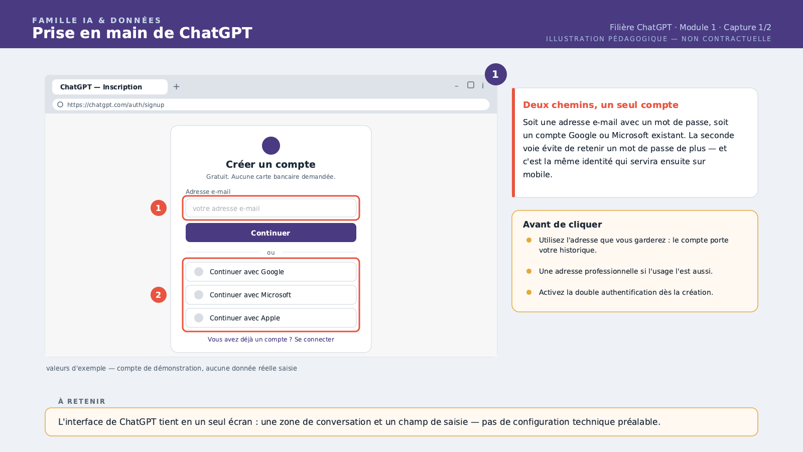 Le formulaire de création de compte (email ou "Continuer avec Google"), sans donnée réelle saisie.