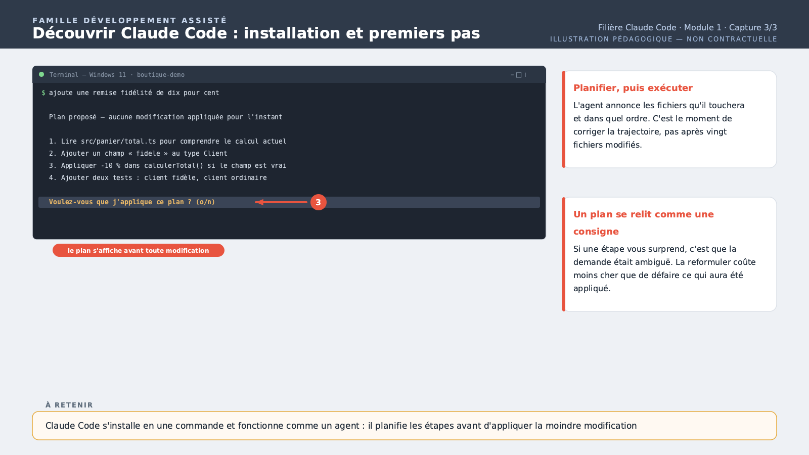 Une première instruction en langage naturel tapée dans Claude Code (ex. "ajoute une remise fidélité de dix pour cent"), avec le plan d'action généré par l'agent affiché avant exécution.