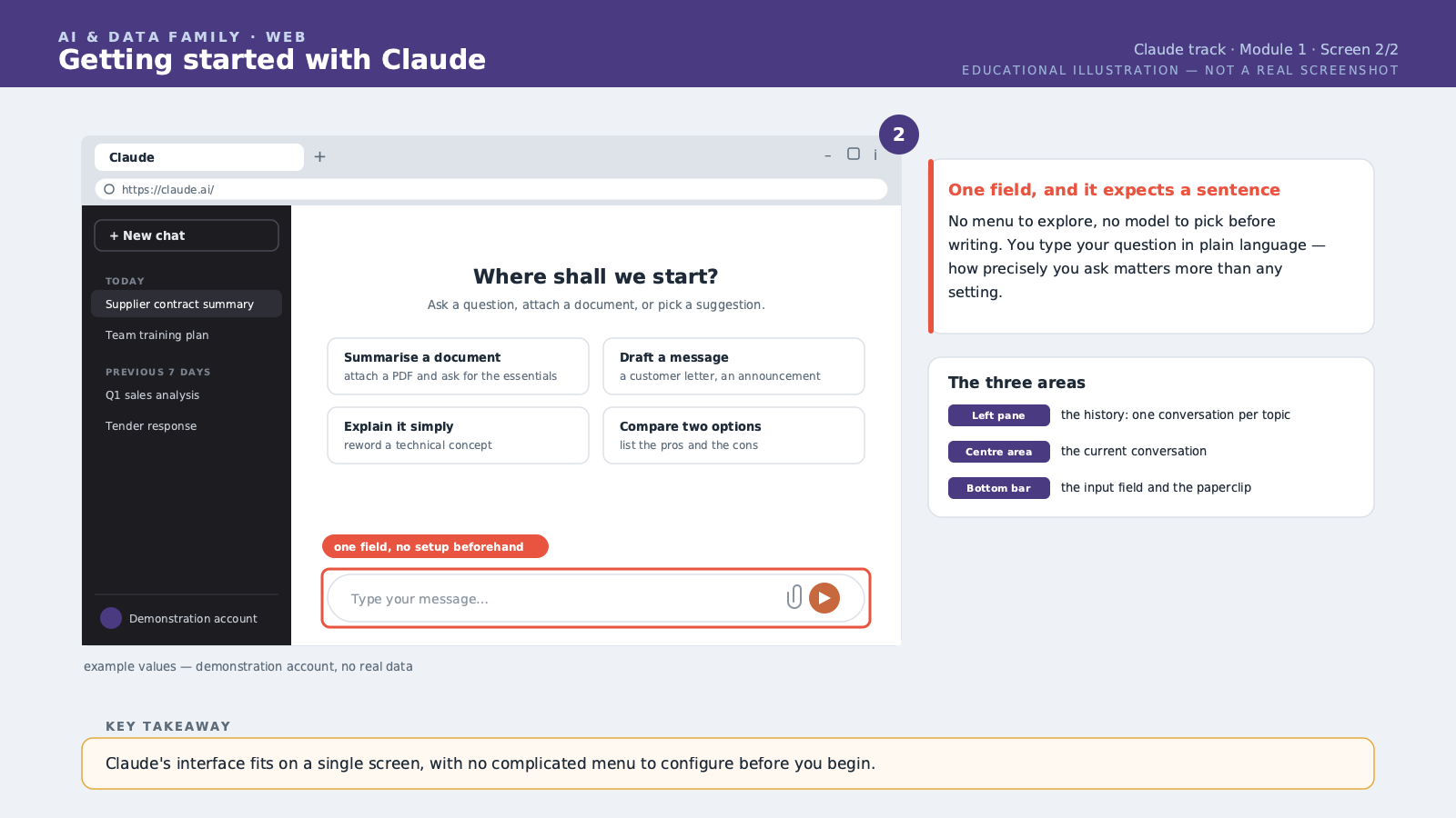 The main interface: empty conversation area, input field at the bottom, no complex menu visible.