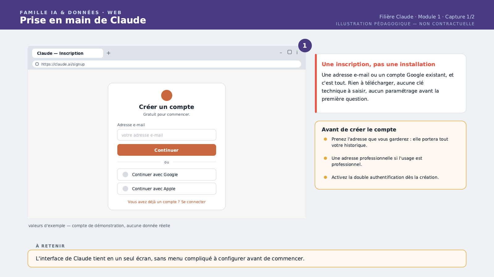 Le formulaire de création de compte (email ou "Continuer avec Google"), sans donnée réelle saisie.
