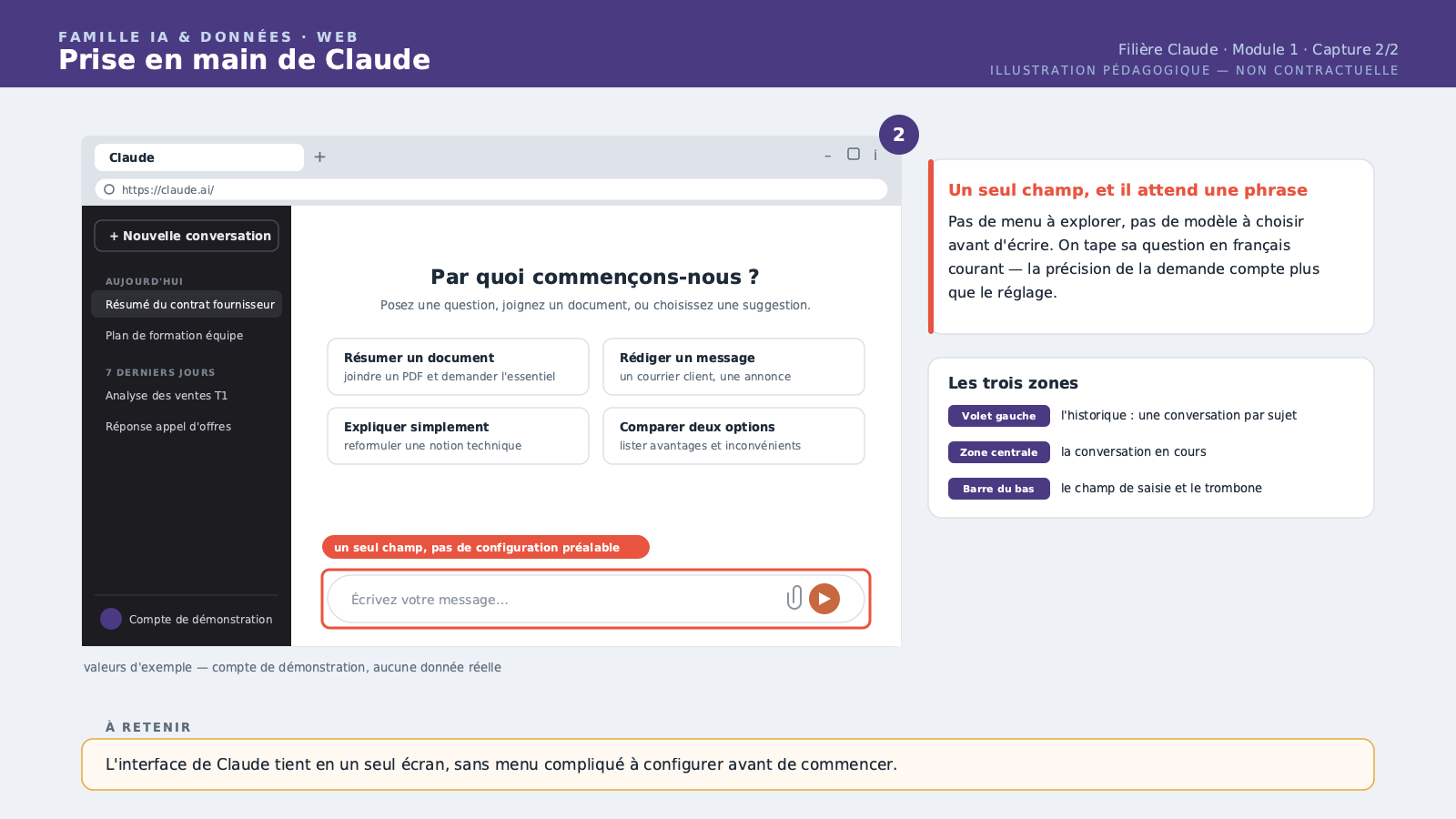 L'interface principale : zone de conversation vide, champ de saisie en bas, pas de menu complexe visible.