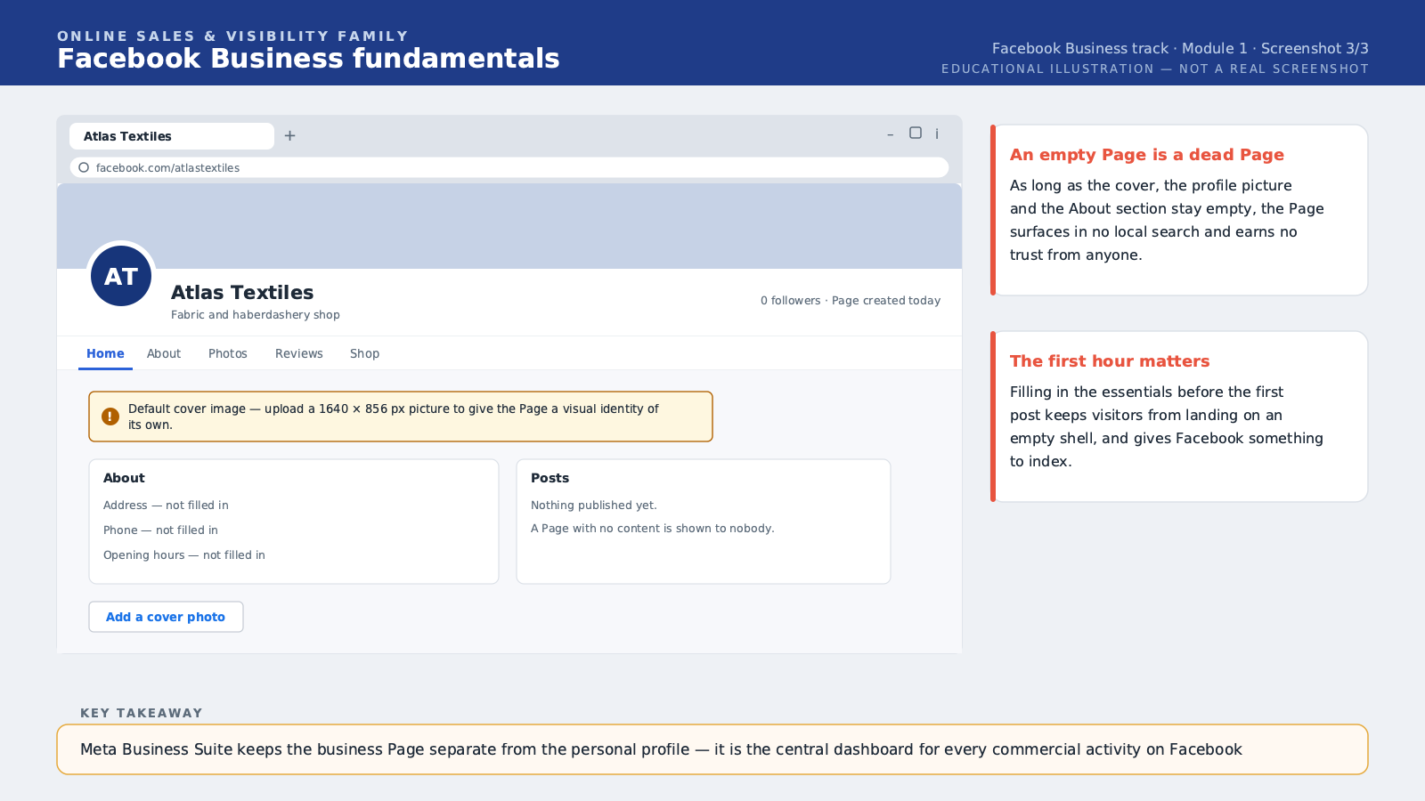 The newly created business Page seen from the public side, with its name and its default cover photo.