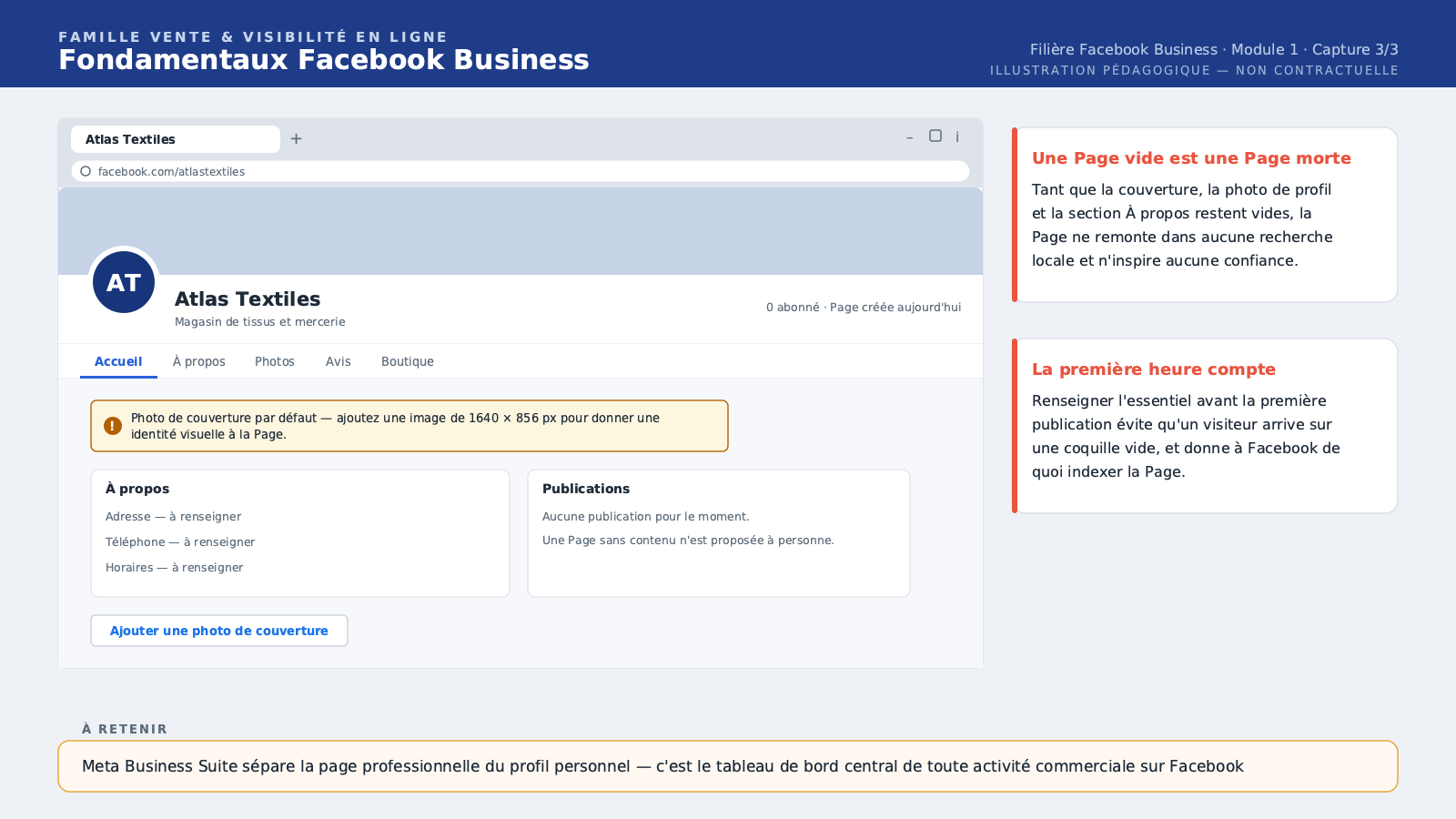 La page professionnelle fraîchement créée, vue publique, avec son nom et sa photo de couverture par défaut.