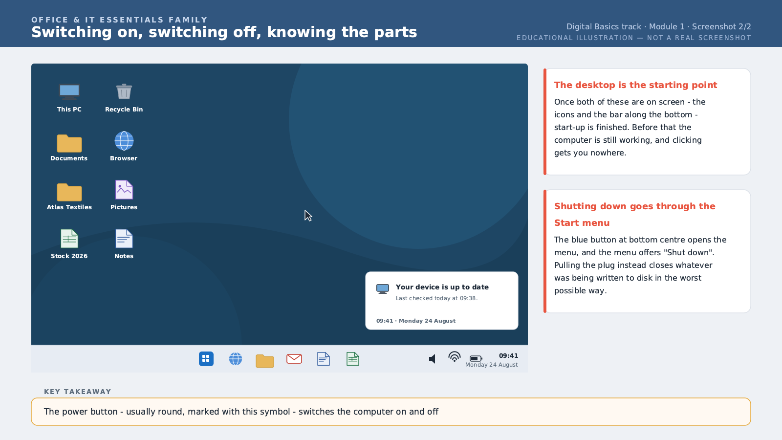 The Windows desktop once start-up is complete, with the desktop icons and the taskbar in view.