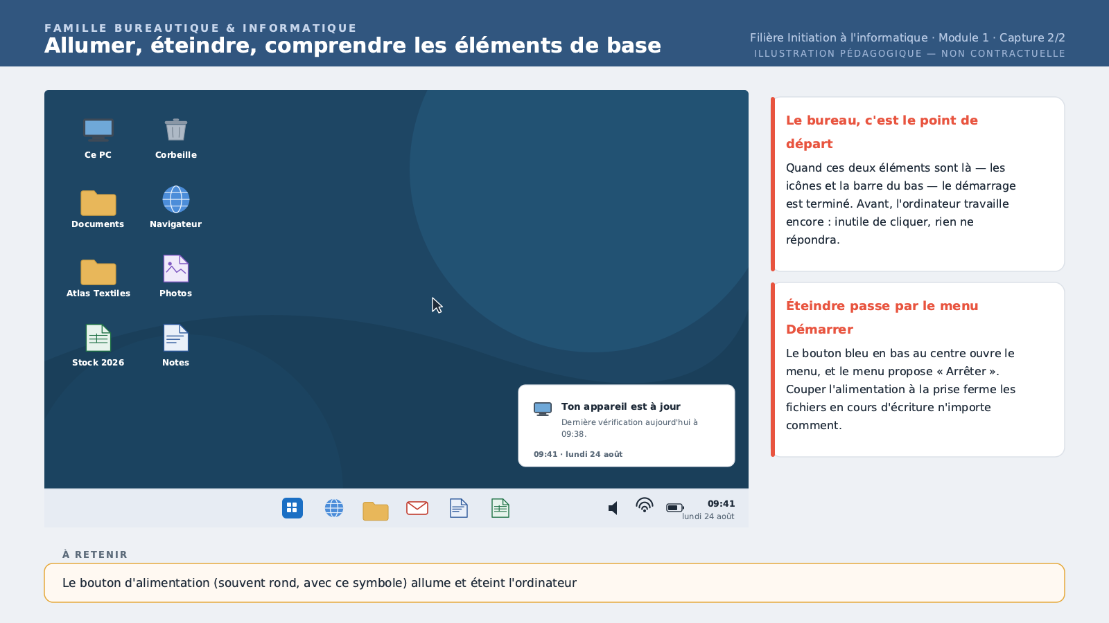 Le bureau Windows juste après démarrage complet (icônes, barre des tâches visibles).
