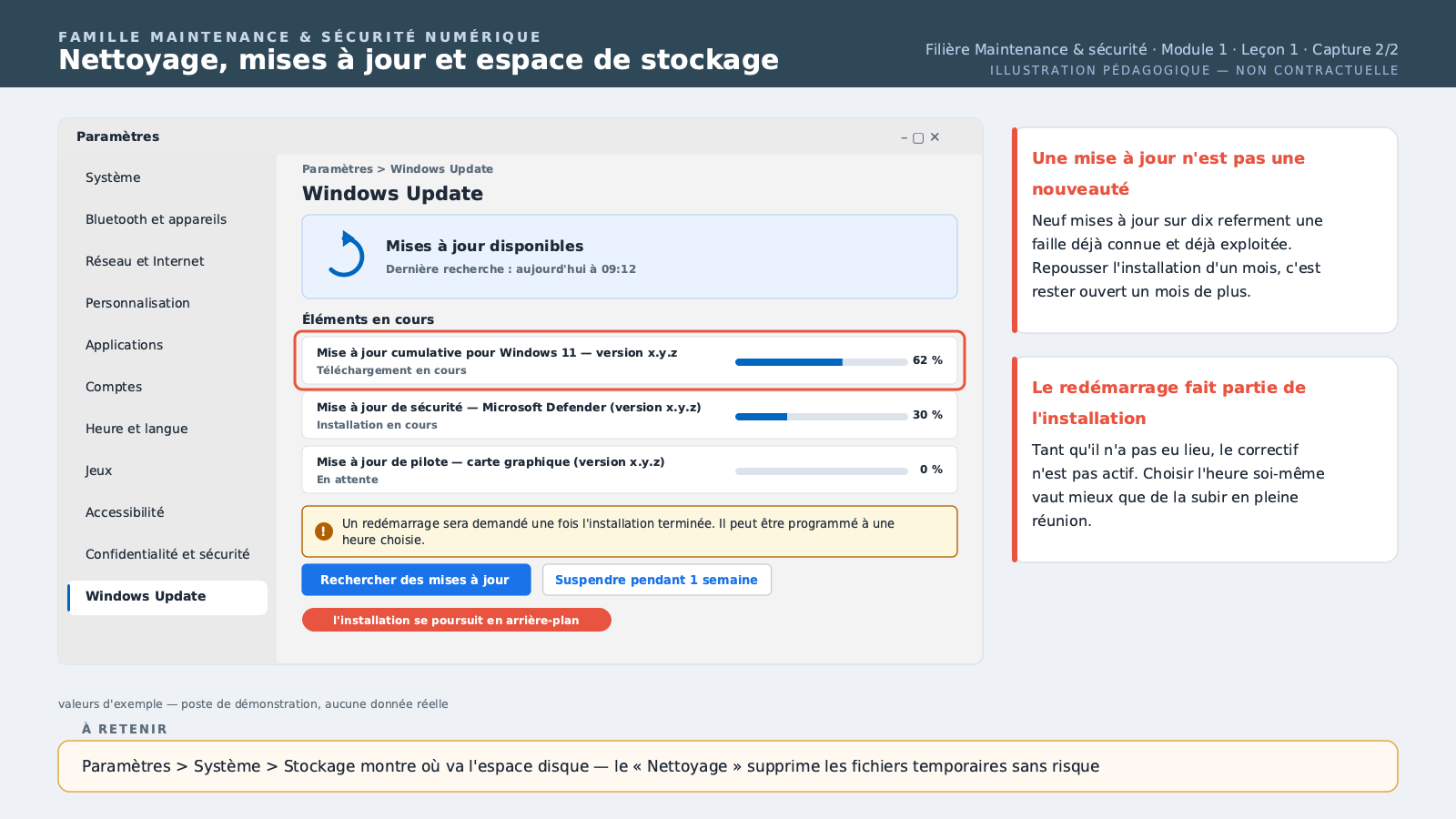 La page Windows Update en train de rechercher/installer une mise à jour.