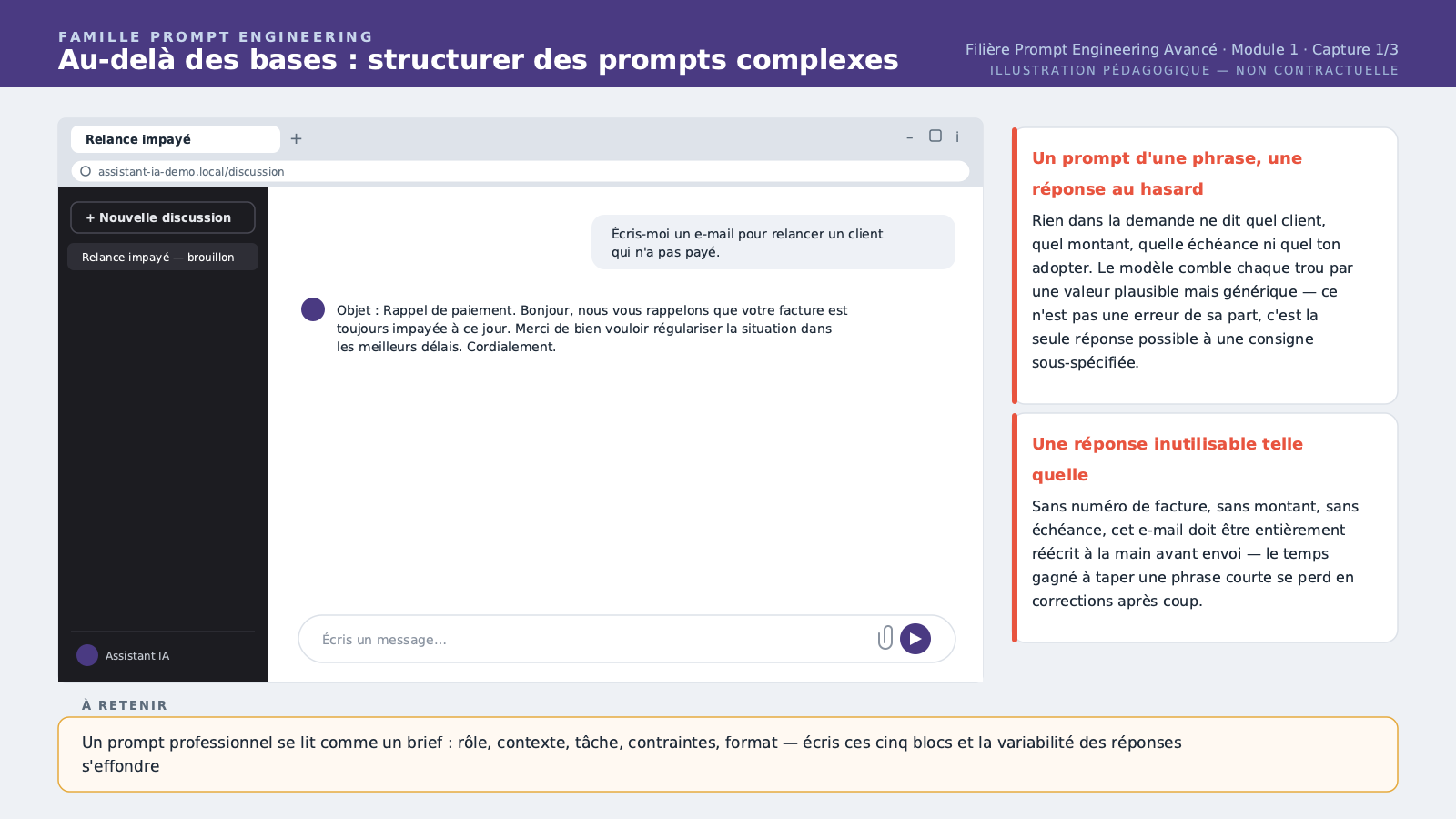 Conversation A : le prompt vague tapé en une phrase ("écris-moi un e-mail pour relancer un client qui n'a pas payé") et la réponse générique obtenue.