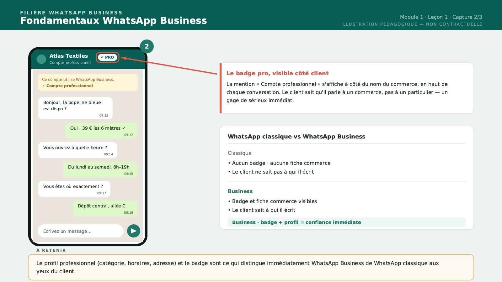 Le badge de compte professionnel affiché à côté du nom dans une conversation.