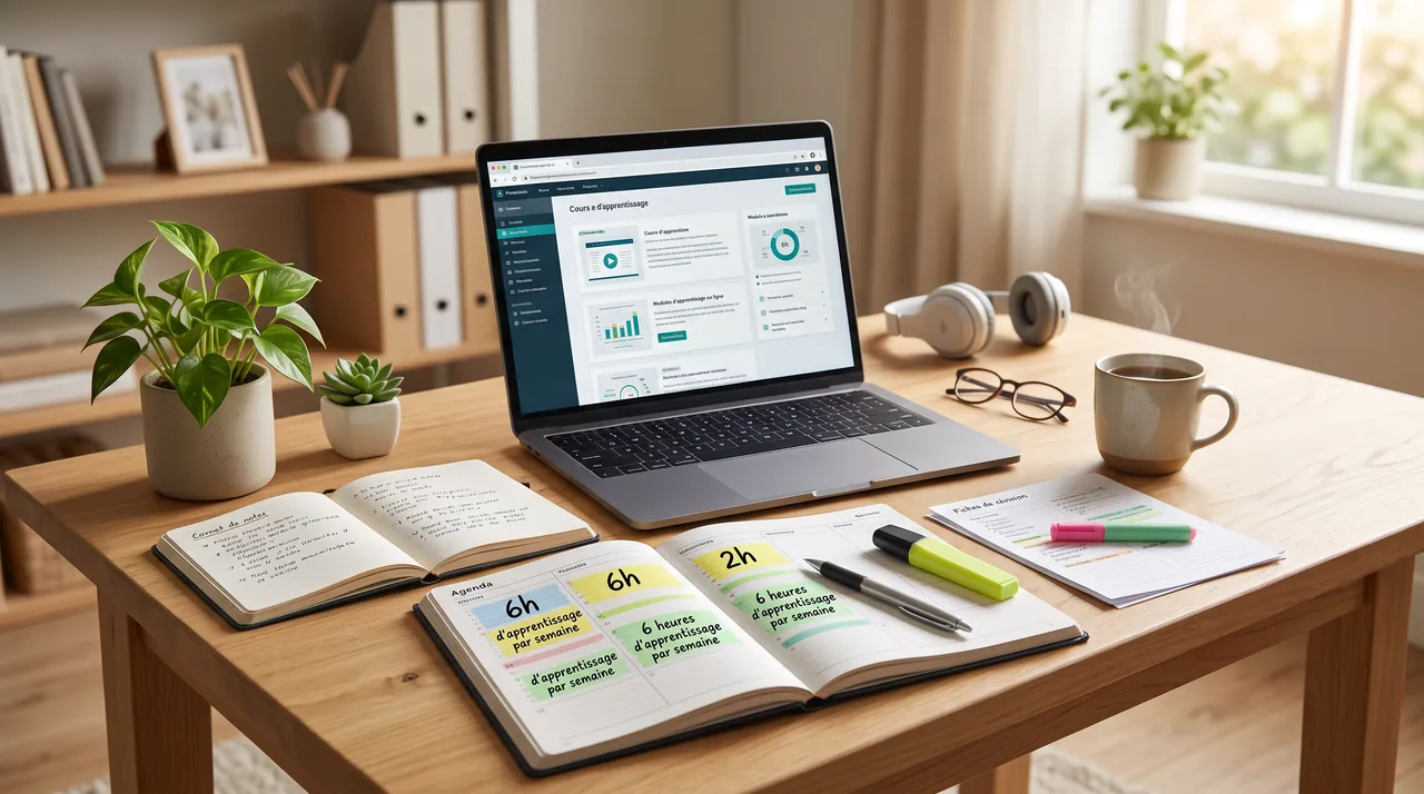 Un bureau lumineux avec un ordinateur portable ouvert sur un cours en ligne et un agenda annonçant 6 heures d'apprentissage par semaine.
