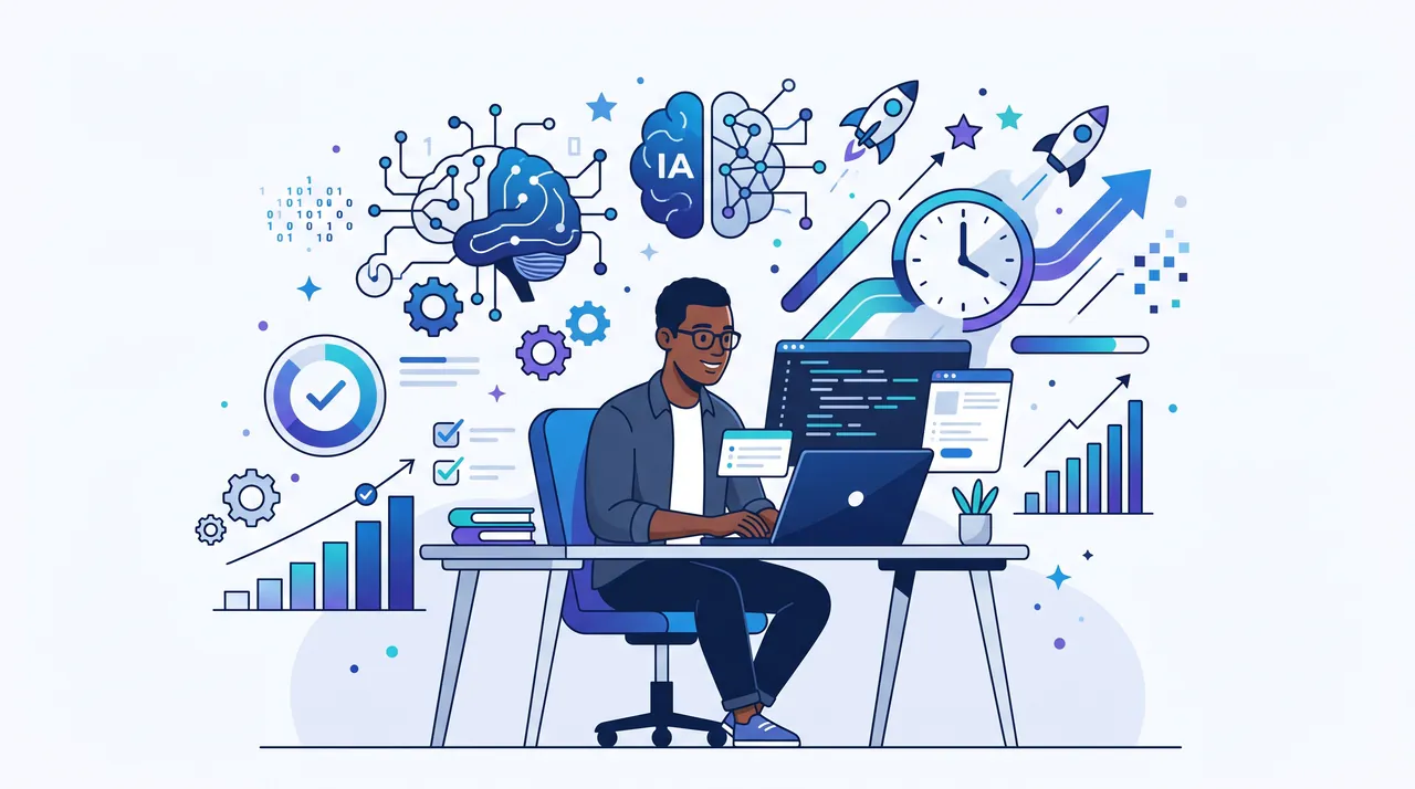 Illustration : une personne travaille sur ordinateur, entourée de symboles d'intelligence artificielle, d'une horloge et de graphiques en hausse.
