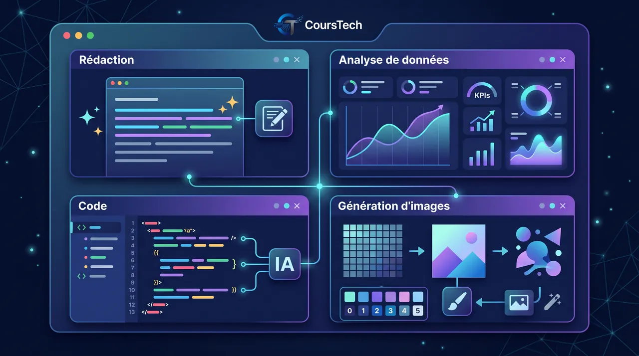 Illustration d'un tableau de bord d'outils d'IA : rédaction, analyse de données, code et génération d'images.
